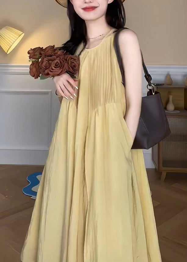 Elegant Yellow O Neck Pockets Cotton Long Dress Sleeveless TT1048