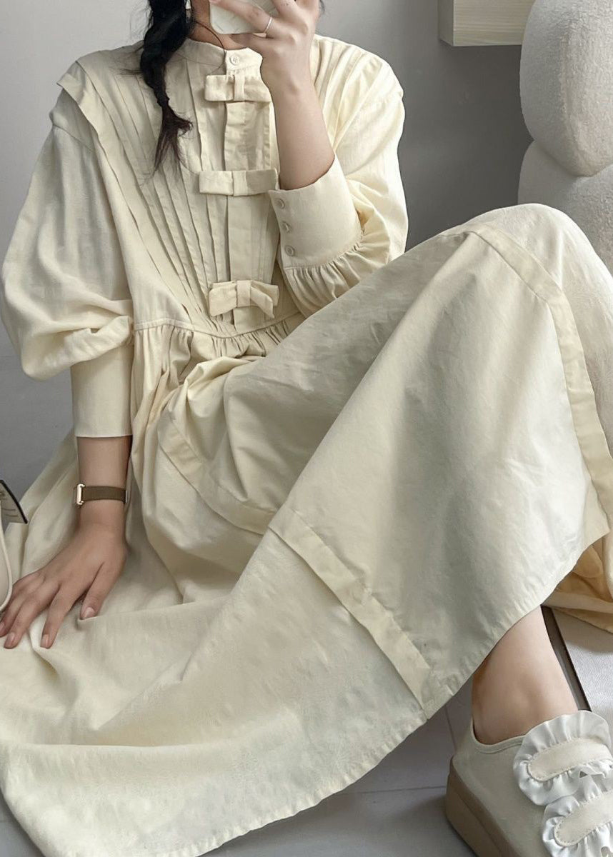 Elegant Beige Wrinkled Button Cotton Dresses Long Sleeve NN028