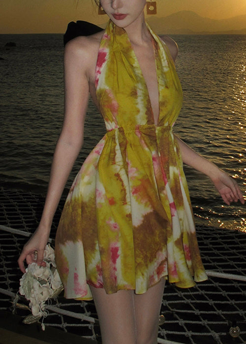 Chiffon Dresses Backless Up Lace Stylish Yellow Print Mini