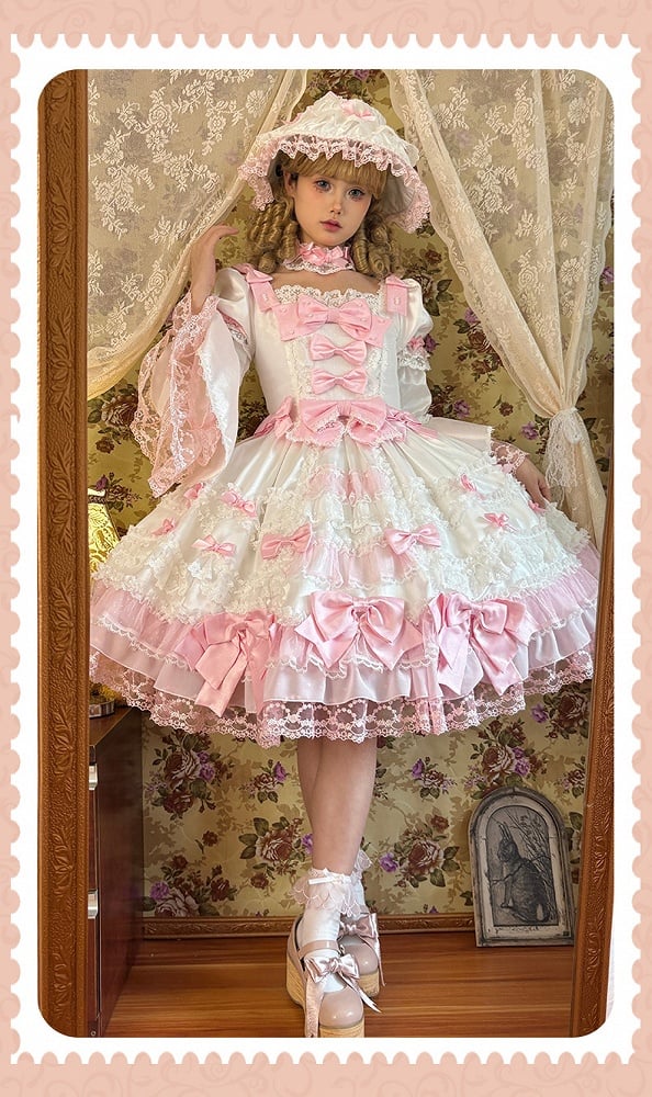 Dress Sweet Princess Pink Lolita with Detachable Bow Accents Sleeves Waist High White
