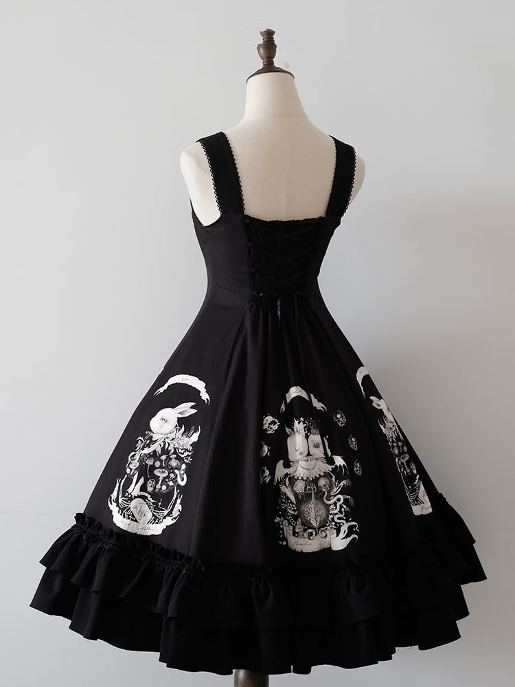 Print Fit Gothic Slim Waist Dark Black Lolita Dress Bunny