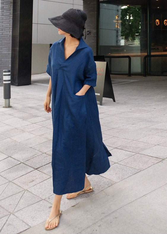 Open Short Side Wrinkled Sleeve Linen Blue Dress