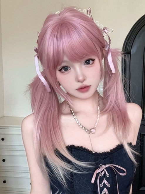 Ombre 68CM Wig Bangs Length Straight Hair Air Pink Color With