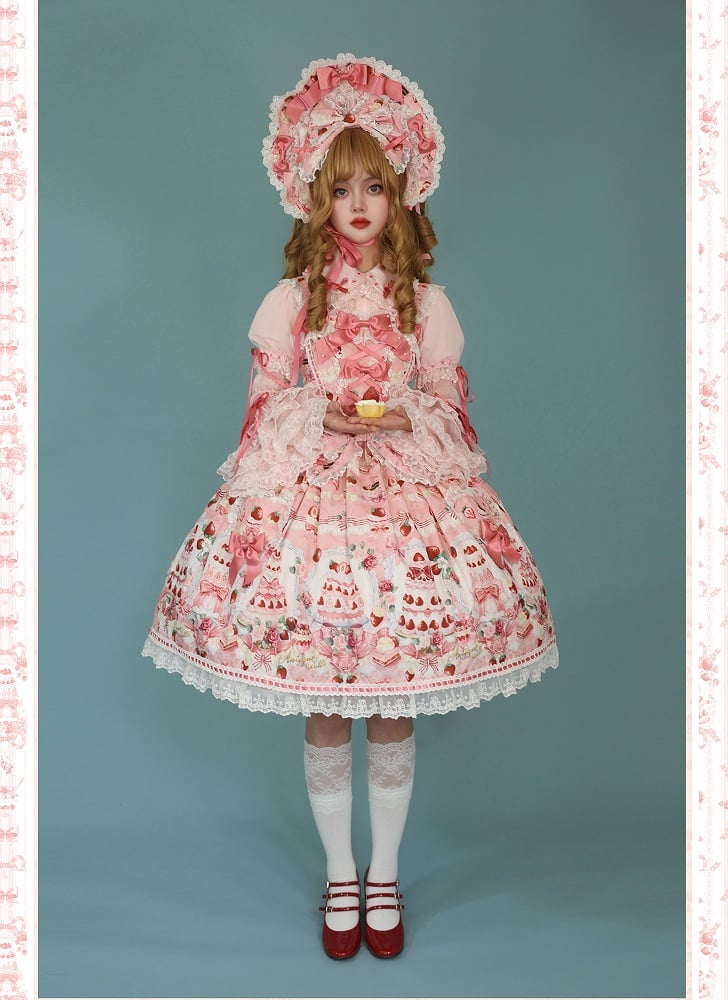 JSK Sweet Lolita Pink Desserts Set / Print and Full Bow Strawberry Accents