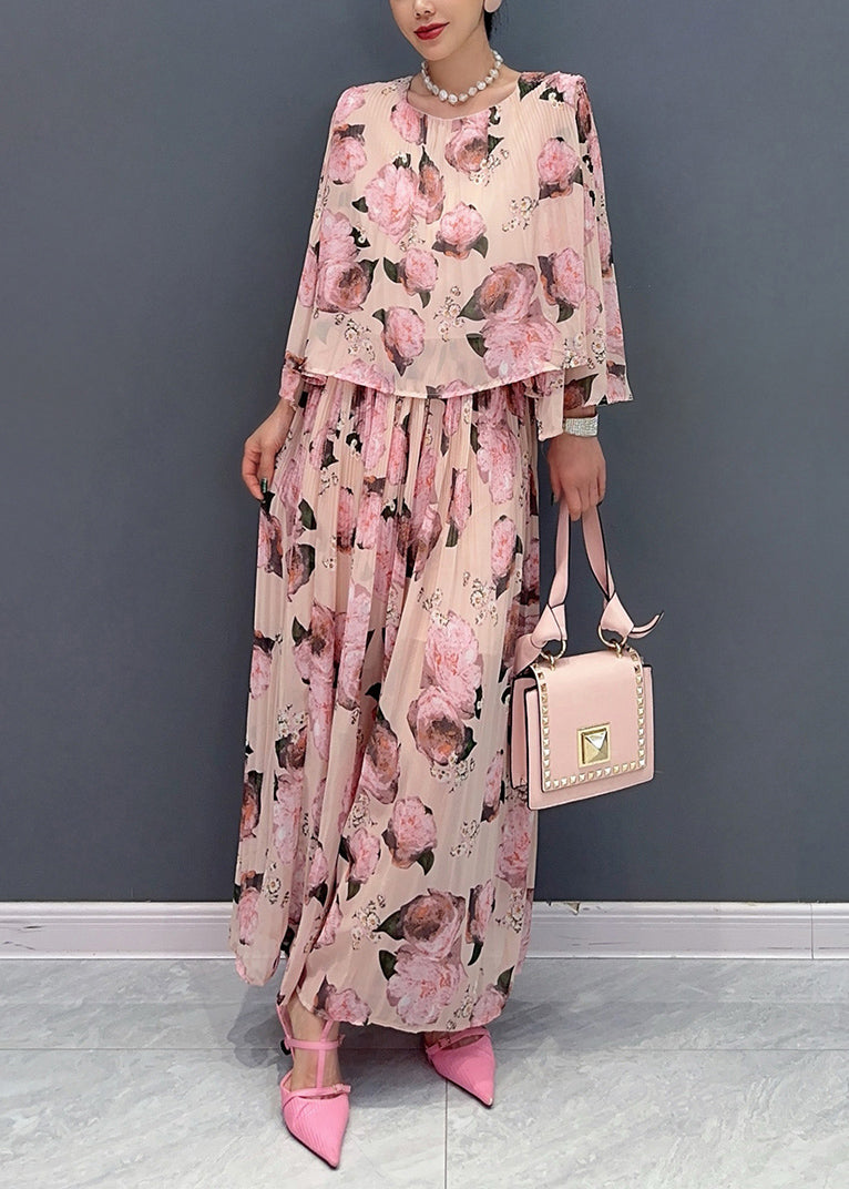 Edler rosa Chiffon-Zweiteiler mit Rundhalsausschnitt und Print, Damenbekleidung, Sommer, AO1010 