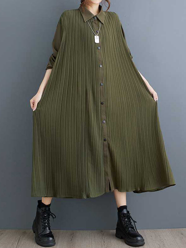 Stylish Army Green Lapel Buttoned Pleated Pockets Long Sleeves Shirt Dress WS001