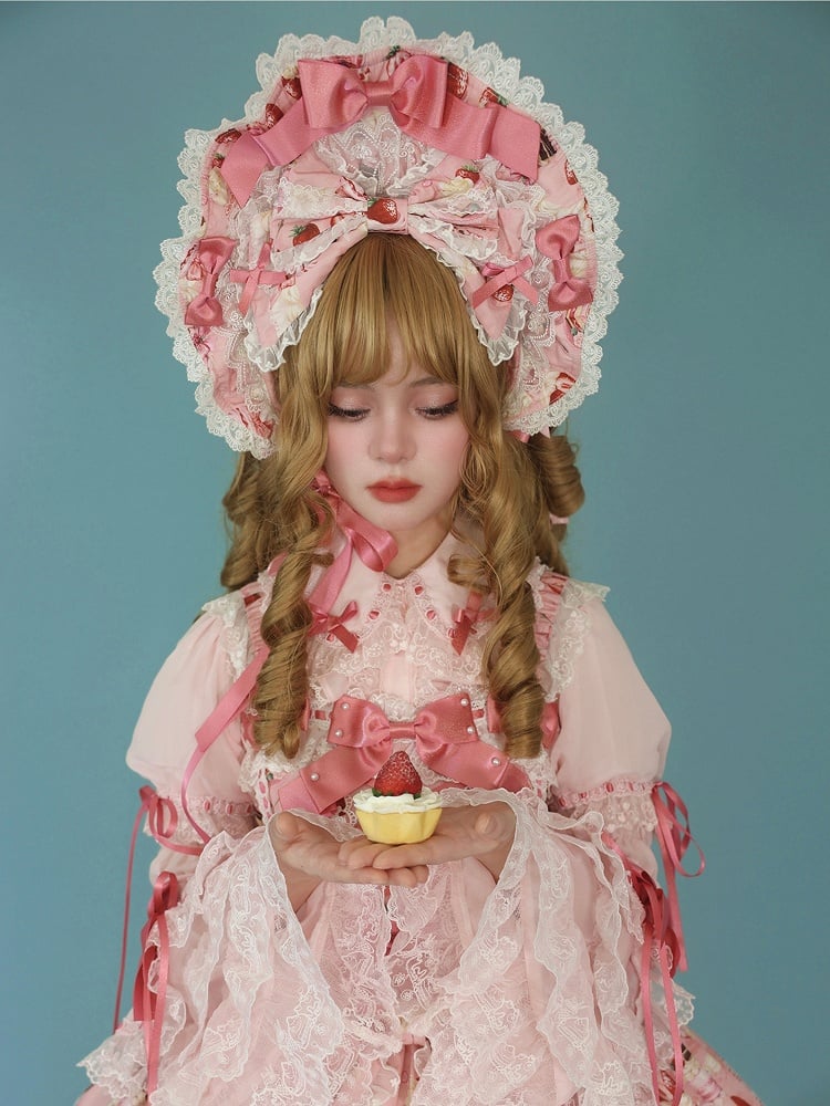 / White Lolita Yellow Sweet Bonnet Pink