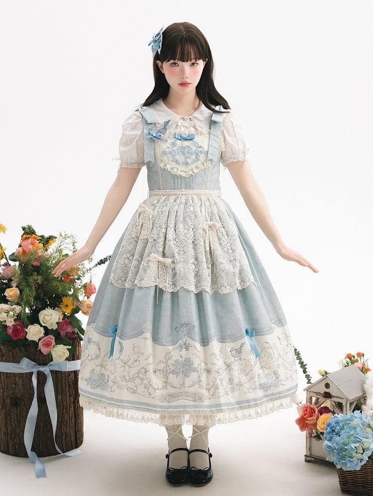 Skirt and Print Titmouse Jumper Blue Floral Lolita