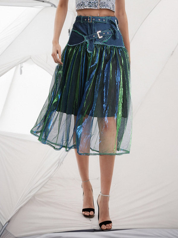 Stylish Denim With Belted Patchwork Blue Green Tulle A-Line Skirt TT1038