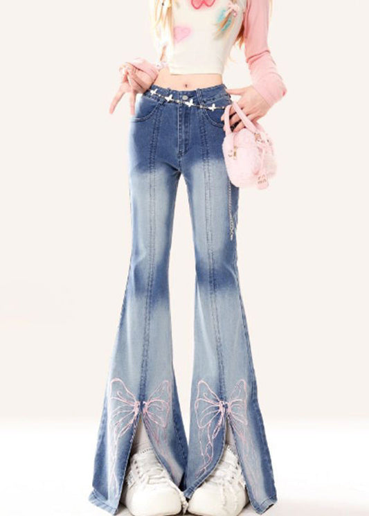 Denim Patchwork Style Blue Embroidered Butterfly Bottoms Flare