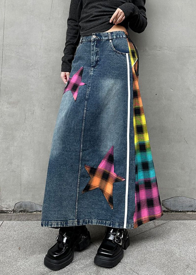 Denim Waist Rose Patchwork Modern Skirts Elastic Asymmetrical