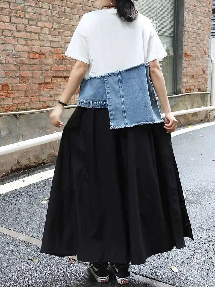 Short Street Sleeve O-neck Denim Patchwork White Hem T-Shirt