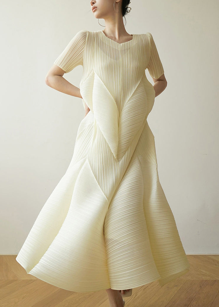 Dresses Summer Wrinkled French Style Beige Cotton