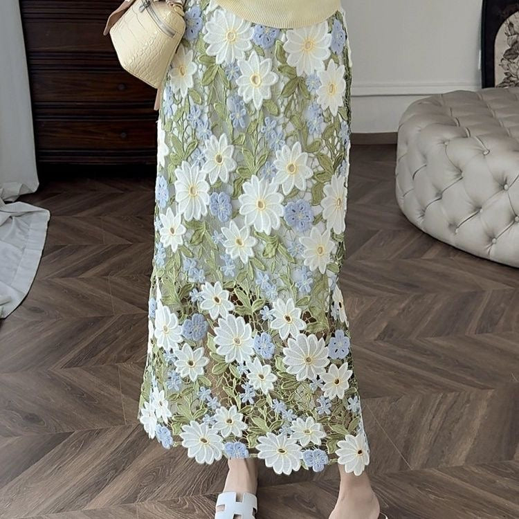 Floral Straight Embroidery Green Skirt Elegant