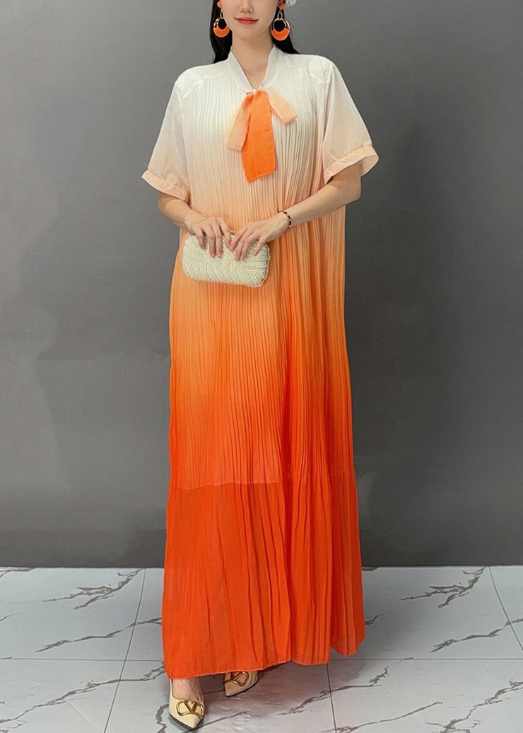 Stylish Orange Bow Wrinkled Maxi Dresses Summer AJ1021