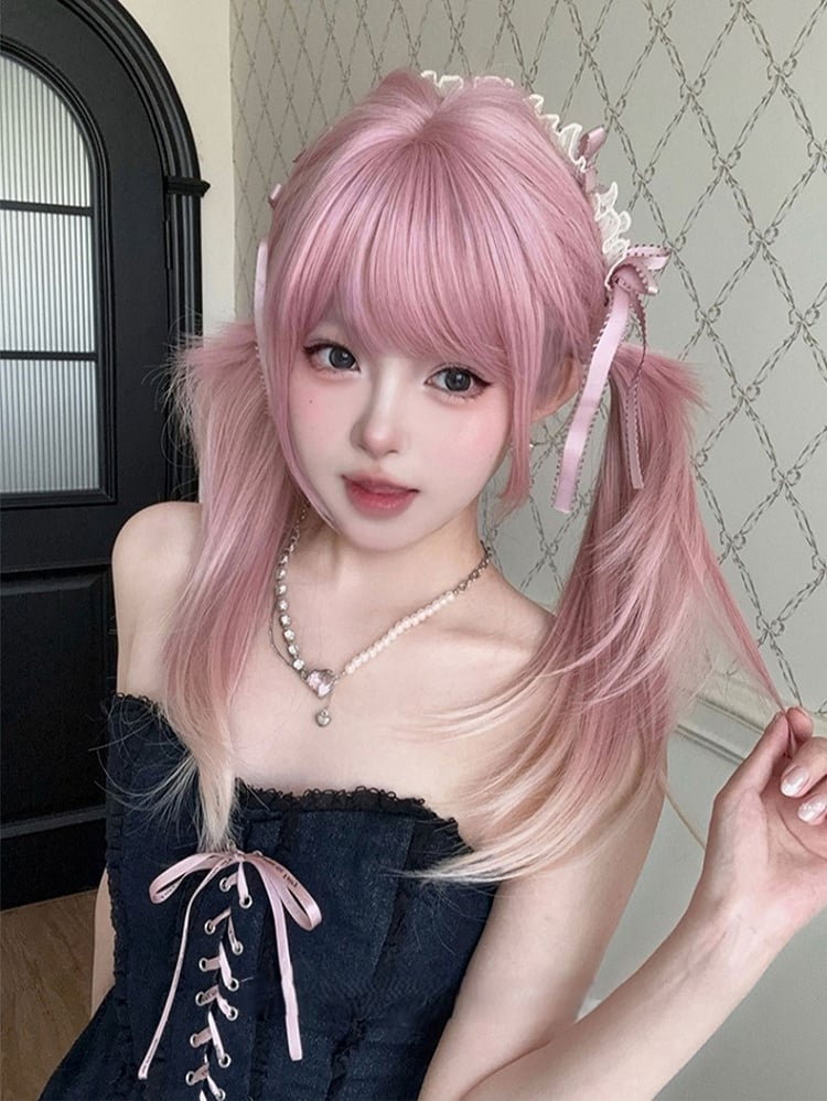 Ombre 68CM Wig Bangs Length Straight Hair Air Pink Color With