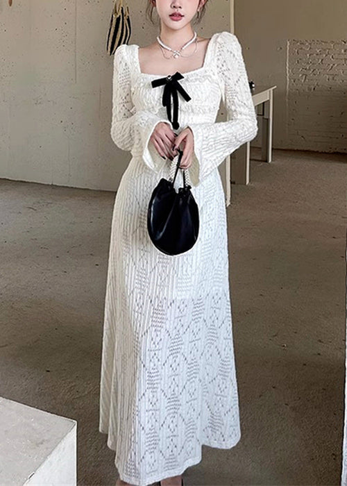 Collar Square Spring White Elegant Cotton Hollow Dresses Long Out