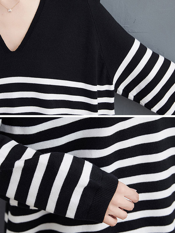 Casual Loose Black V-Neck Contrast Color Striped Long Sleeve Knit Sweater AN1035