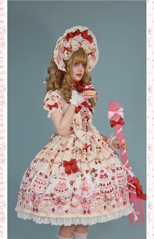 Full Accents Lolita Sweet Cake Print Bow / Dress Set Yellow Strawberry