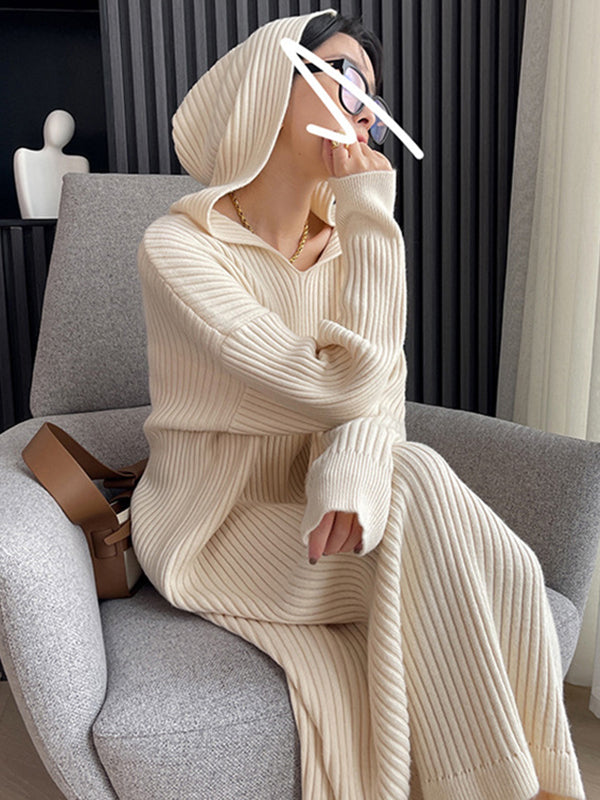 Stylish Apricot V-neck Hooded Long Sleeve Striped Knit Dress AN1044