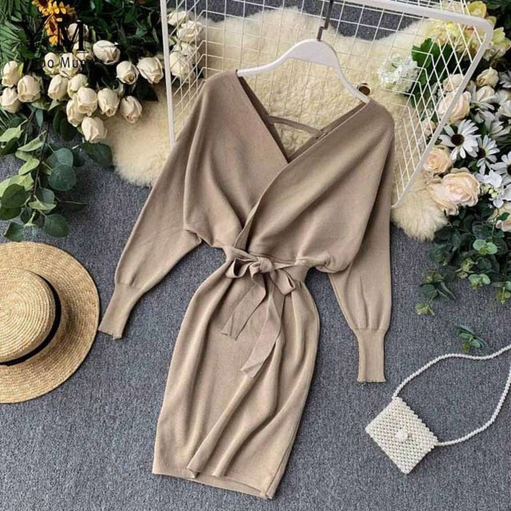 Elegant Beige V Neck Tie Waist Long Batwing Sleeve Dress