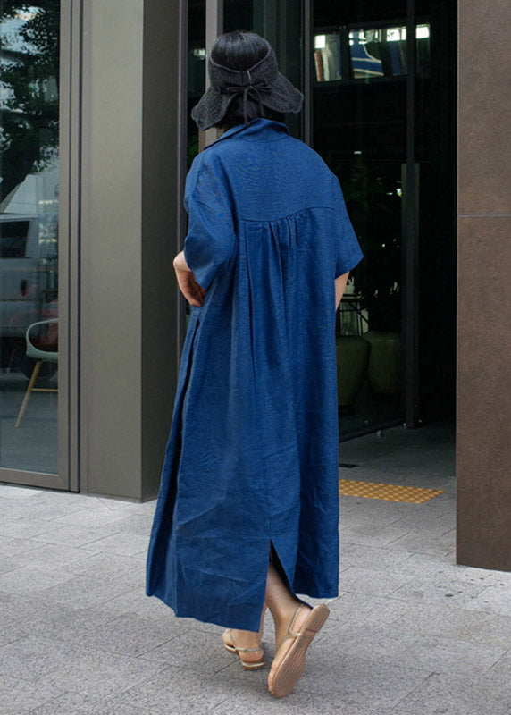 Open Short Side Wrinkled Sleeve Linen Blue Dress