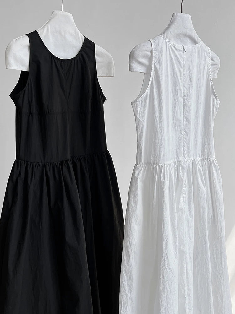 Simple Blue Puff Patchwork Dress Sleeveless O-neck Hem