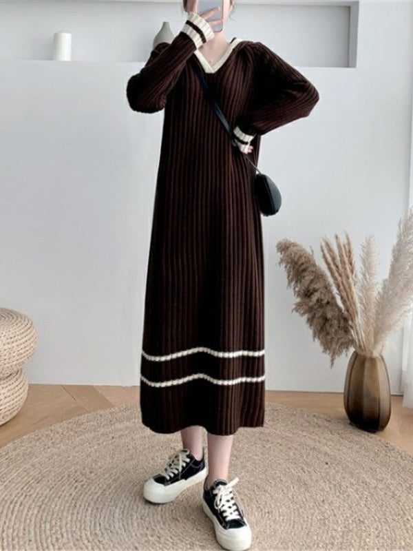 Urban Coffee Hooded V-Neck Long Sleeve Striped Knit Dress AN1051