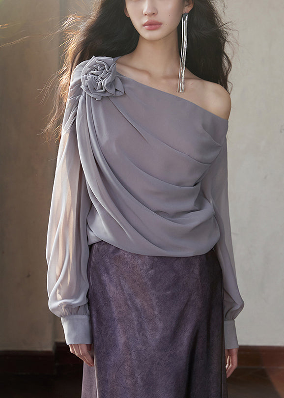 Solid Sleeve Chiffon Long Asymmetrical Fashion Shirt Grey