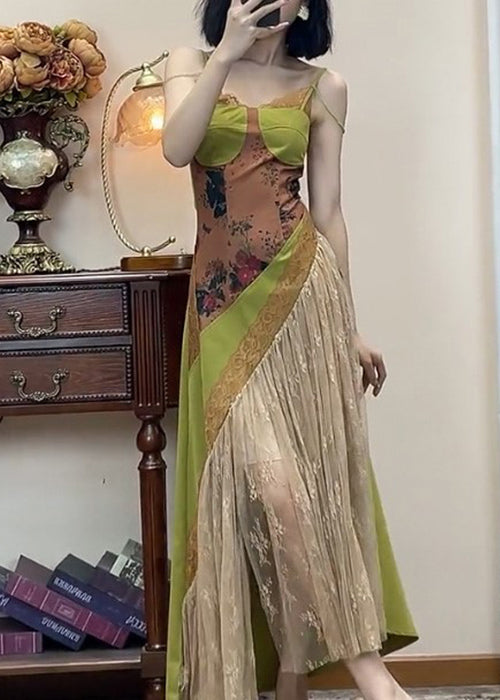 Spaghetti Sleeveless Strap Green Dress Patchwork Lace New