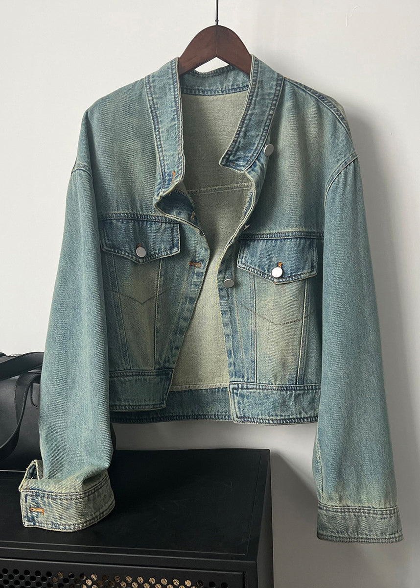 Fashion Blue Stand Collar Pockets Denim Short Coat Fall AF1029