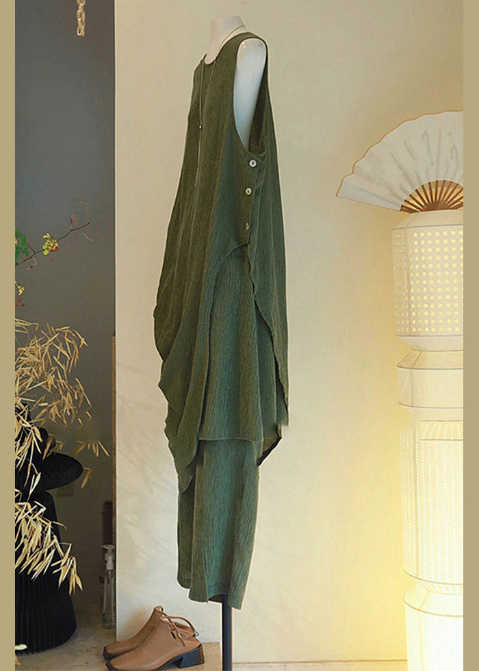 Pieces Button Green Cotton Asymmetrical Women Sleeveless Two Set