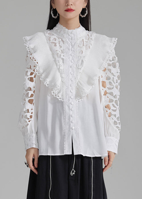 Button Shirts Stylish Cotton Out Spring White Hollow