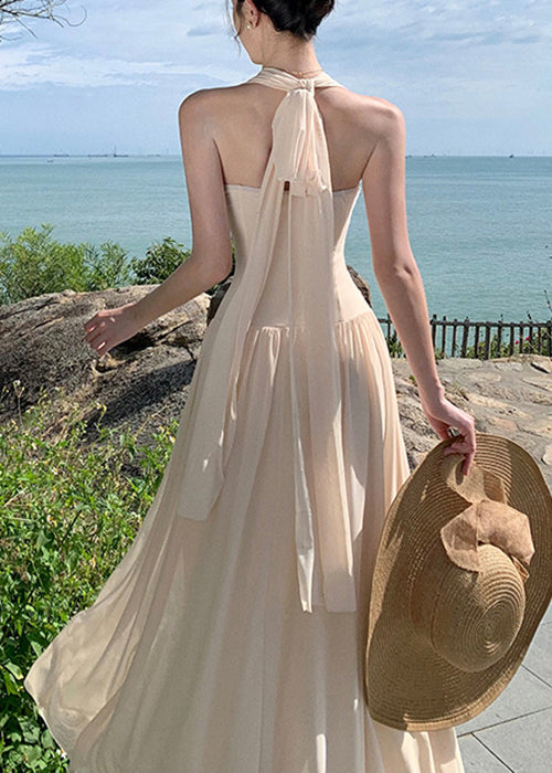 Wrinkled Apricot Cotton Dresses Long Summer High Waist