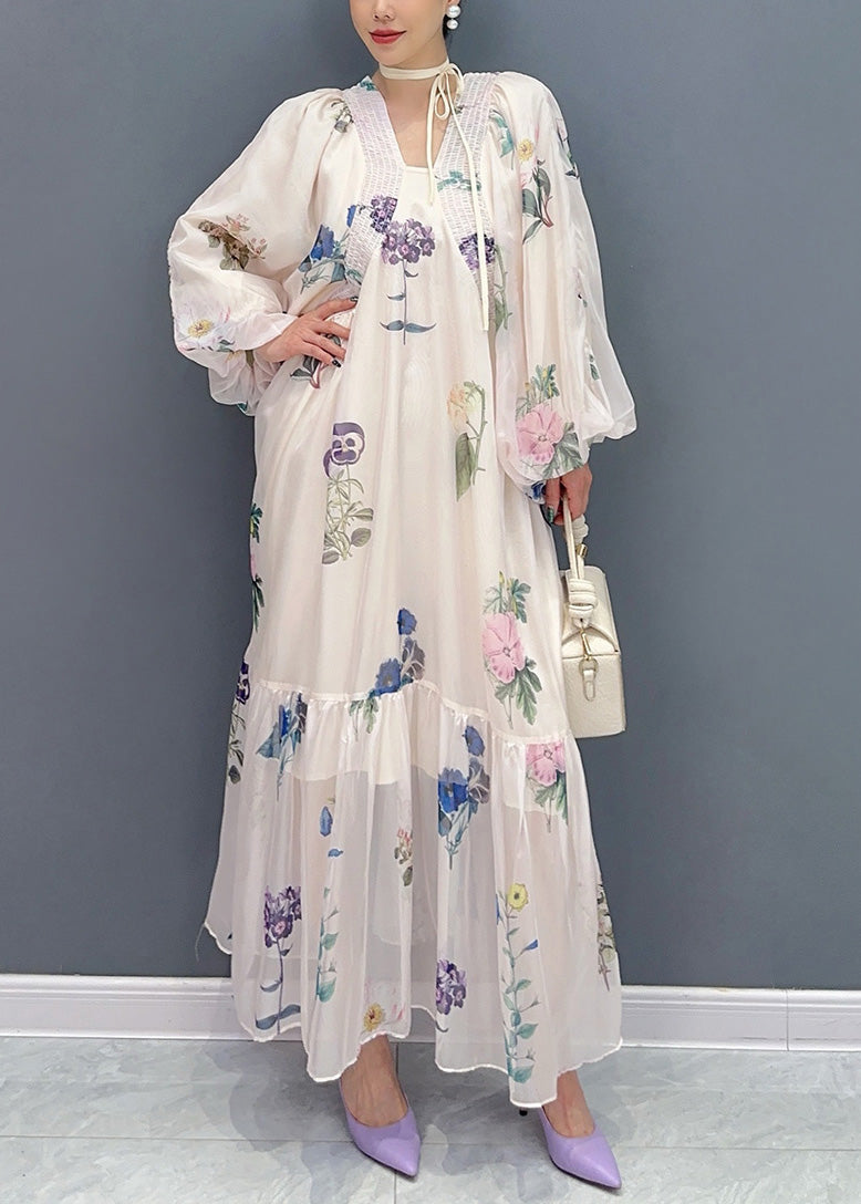 Bohemian White Print Chiffon Long Dresses Lantern Sleeve AR1027