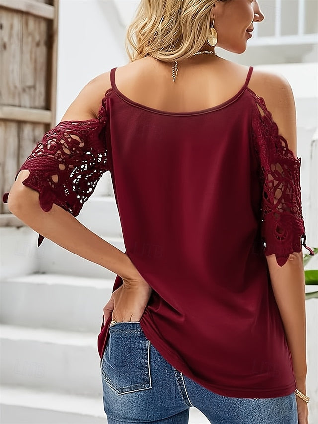 Women's Cold Shoulder Tops Lace Splicing Top Lace Cut Out