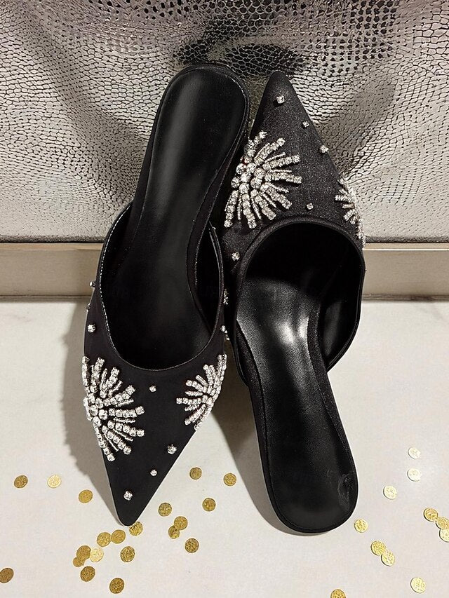 Satin Toe Rhinestone Women's Pointed Black Mules with