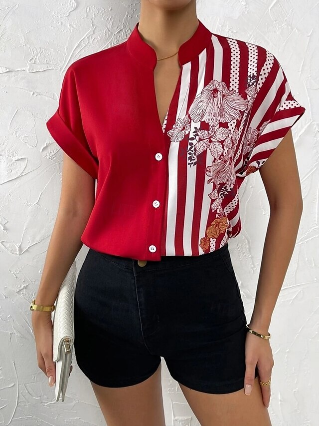 Women's Blouse Buttons Print Floral Striped Vintage Casual