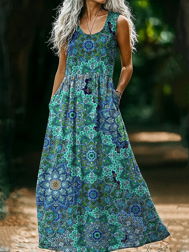 Women's Boho Floral Art Print Vintage Dress Vacation Casual