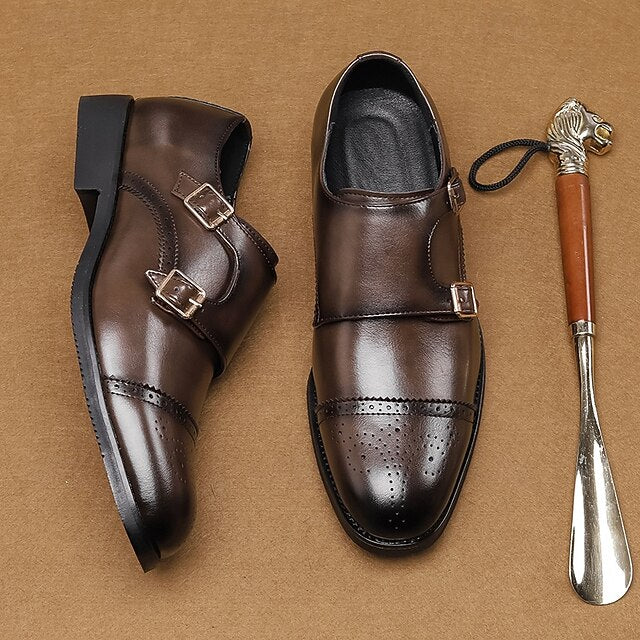 Men's Monk Leather with Strap Brown Faux Double Shoes