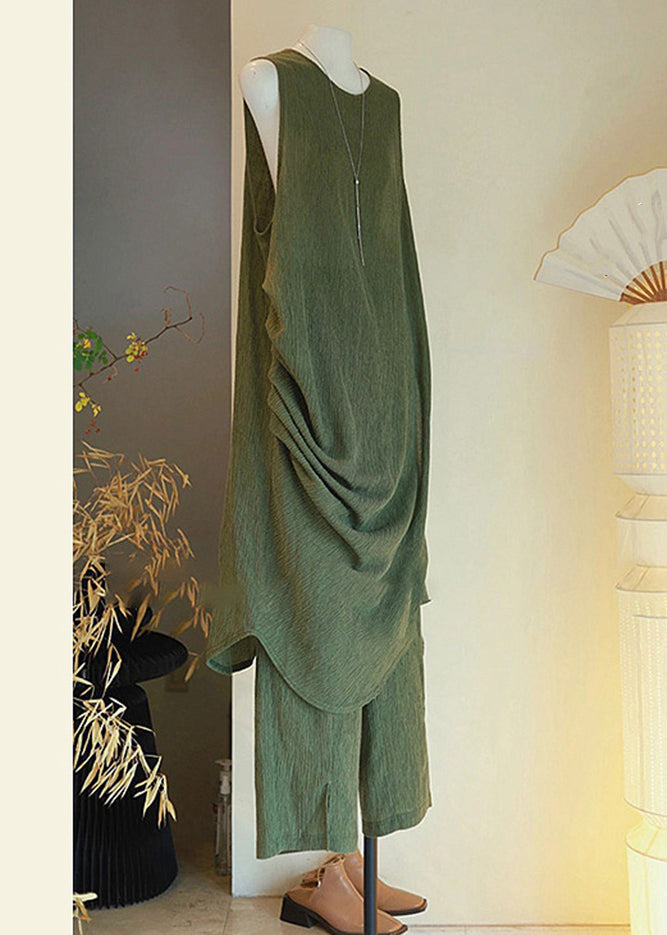 Pieces Button Green Cotton Asymmetrical Women Sleeveless Two Set