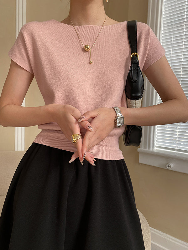 Short Neck Top Stylish Pink Boat Knit Sleeve Loose