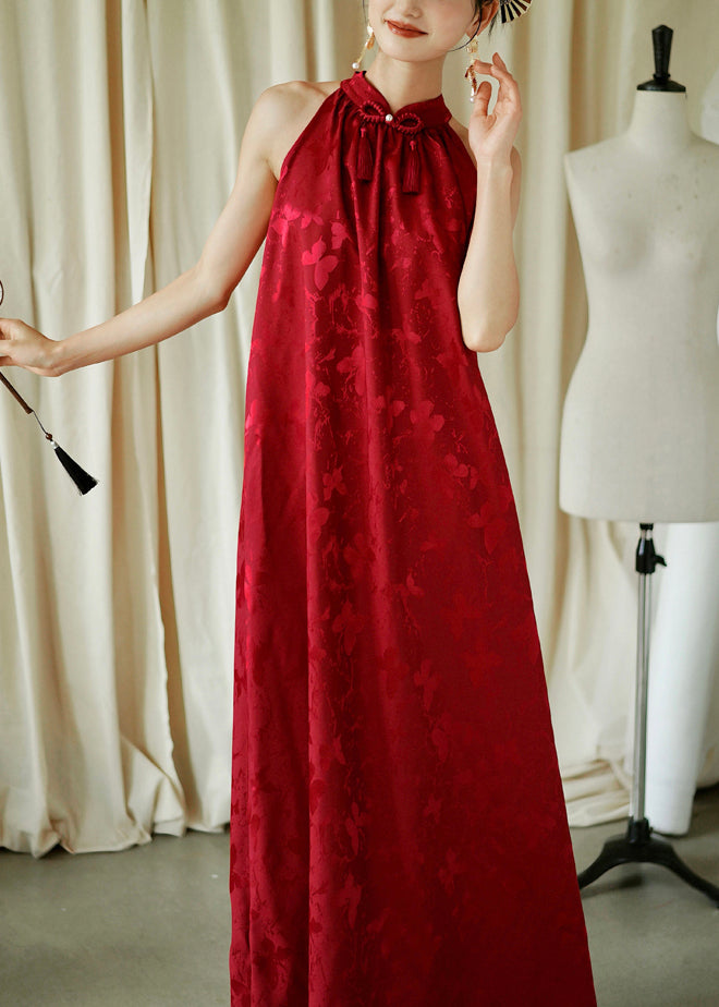 Maxi Sleeveless Red Cotton Bow Loose Jacquard Dresses