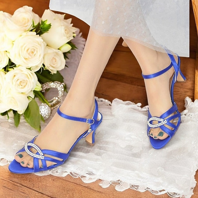 Heels Rhinestone Strappy Satin Women's Blue with Dark