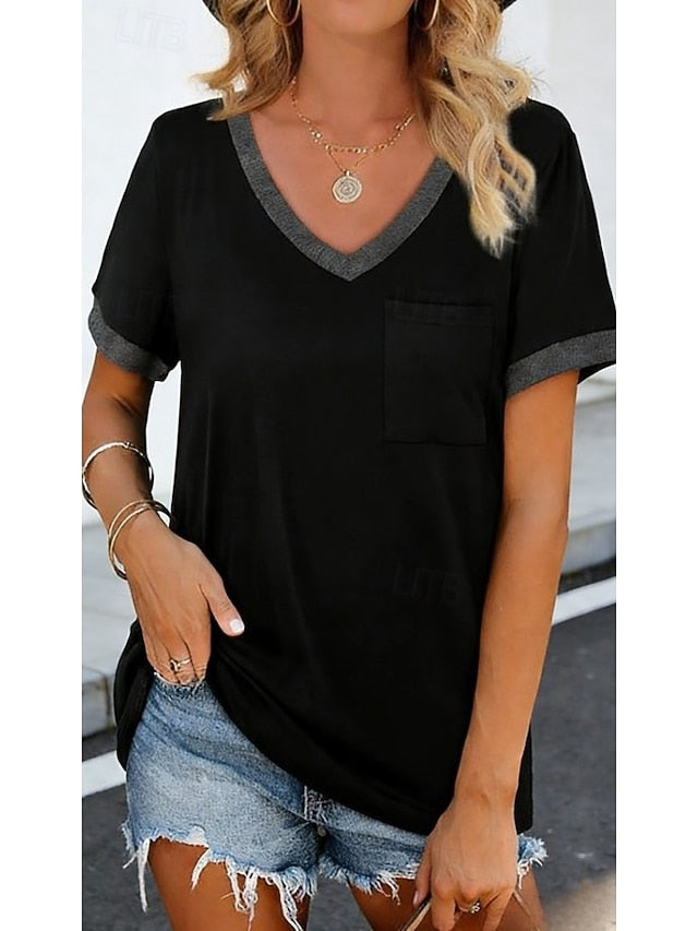 Women's T Shirt Patchwork Pocket Color Block Solid Color
