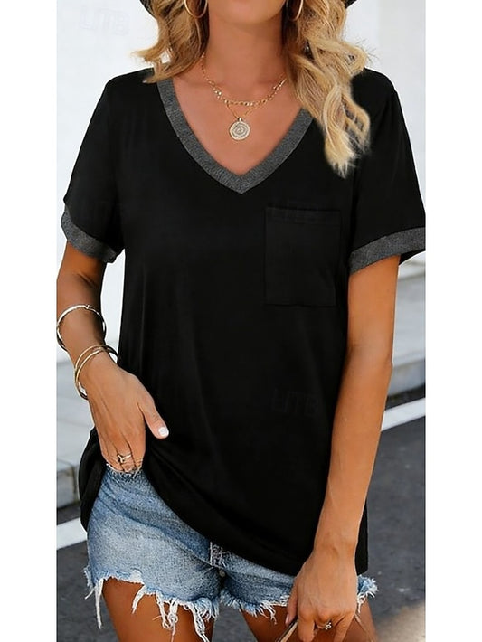 Women's T Shirt Patchwork Pocket Color Block Solid Color