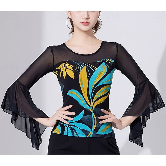 Latin Dance Top Printing Pure Color Splicing Women's