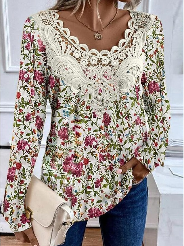 Women's Blouse Tunic Lace Splicing V Neck Long Sleeve