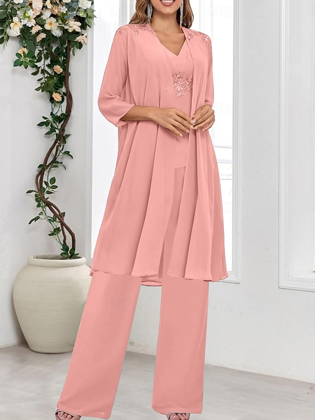 3 Simple the Piece Guest Wedding Elegant of Mother Bride V Dress