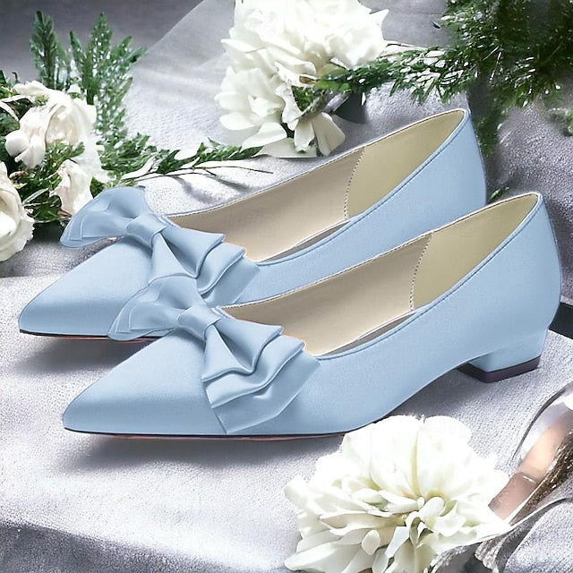 Low Party Women's Pointed Flats Heel Bowknot Shoes Wedding